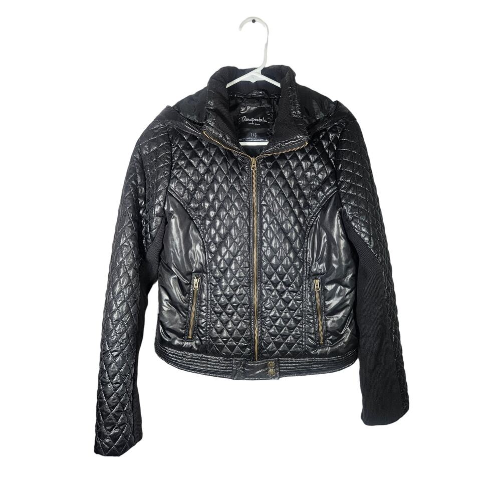 Aeropostale Women’s Black Jacket Size Large Quilted Zip Sleeve‎ Pockets Full Zip